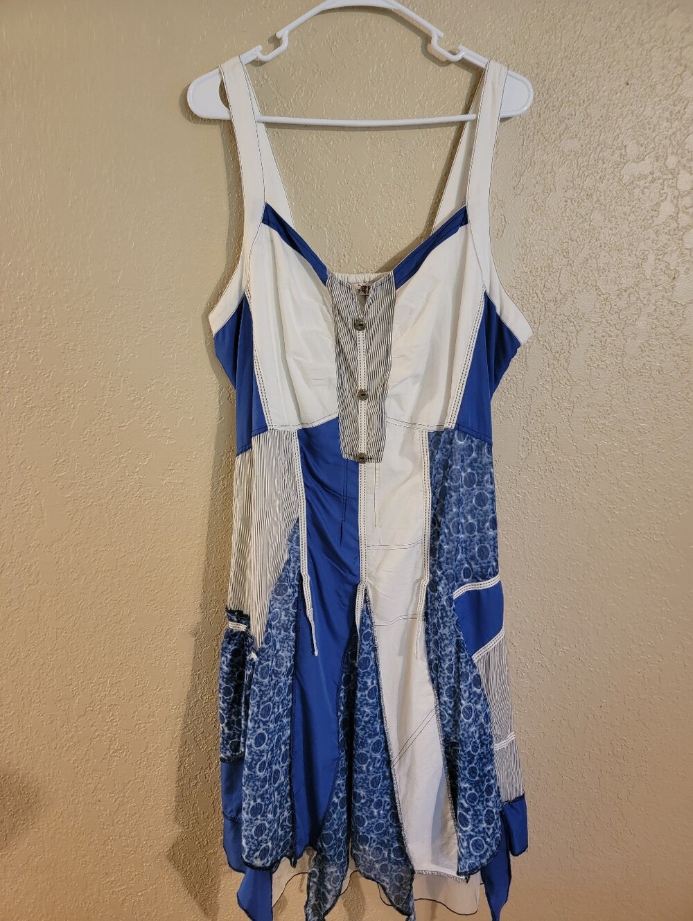 Joe Browns Blue and White Patchwork Strapless Dress with Button Placket